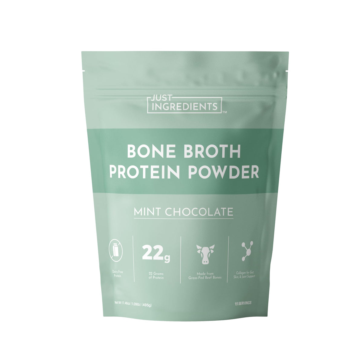 Just Ingredients mint chocolate bone broth protein powder tin for daily shakes