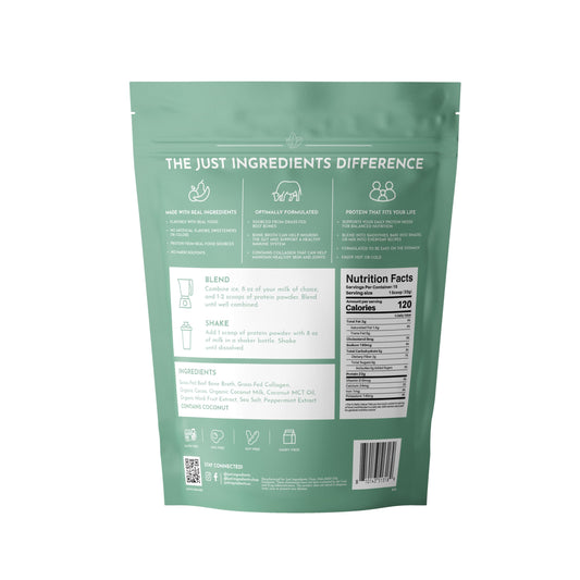 Just Ingredients mint chocolate protein scoop ready for a smoothie boost