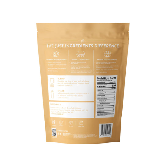 Just Ingredients bone broth protein powder vanilla scoop ideal for quick shakes and on-the-go nutrition.
