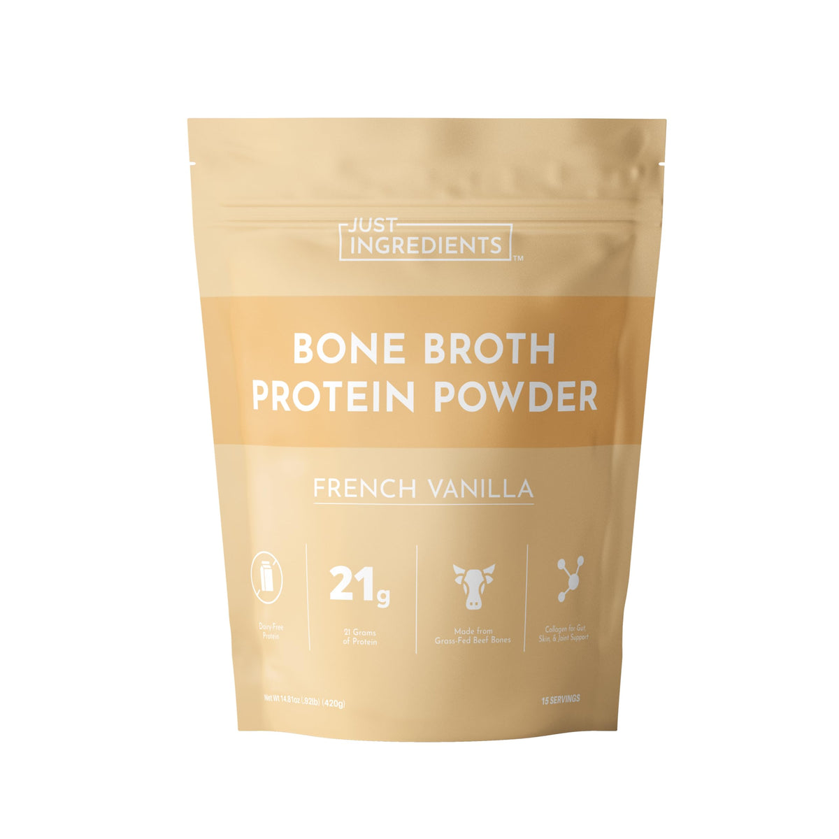Just Ingredients bone broth protein powder vanilla tub showcases real-food ingredients for daily nourishment.