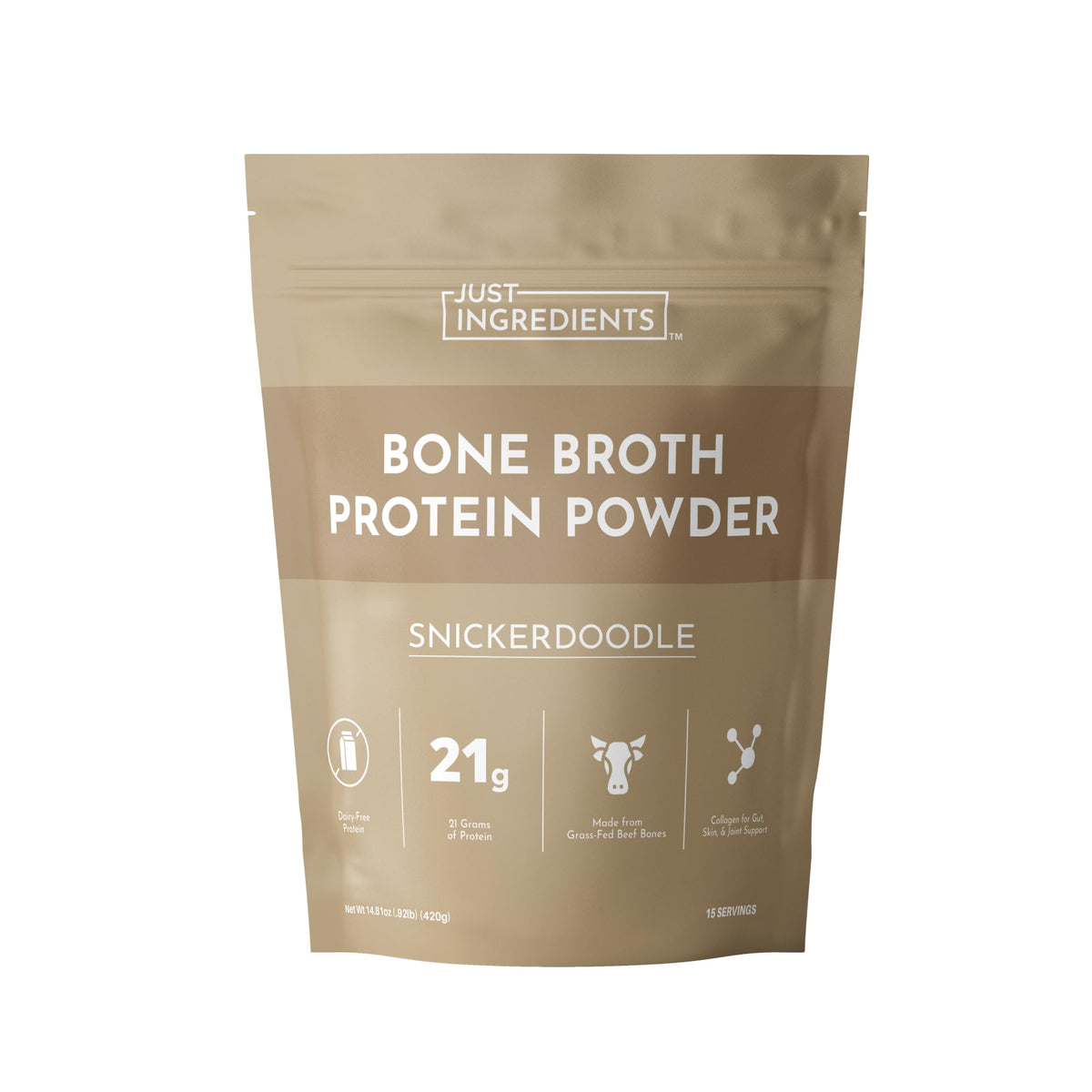 Just Ingredients bone broth protein Snickerdoodle bottle, dairy-free protein option