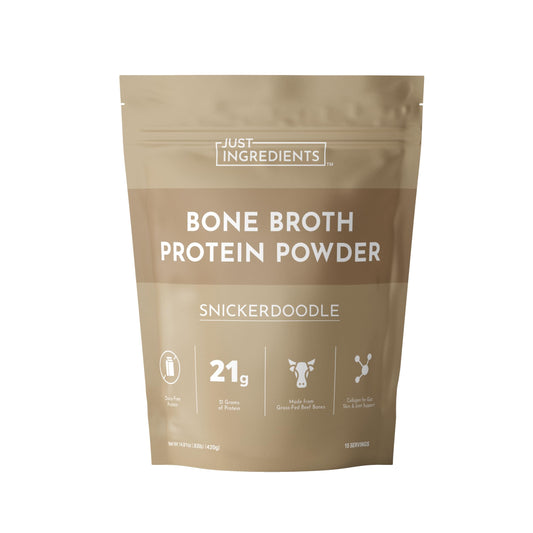 Just Ingredients bone broth protein Snickerdoodle bottle, dairy-free protein option