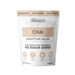 JUST INGREDIENTS Chai Nighttime Relax bottle highlights calming ingredients for evening unwind.