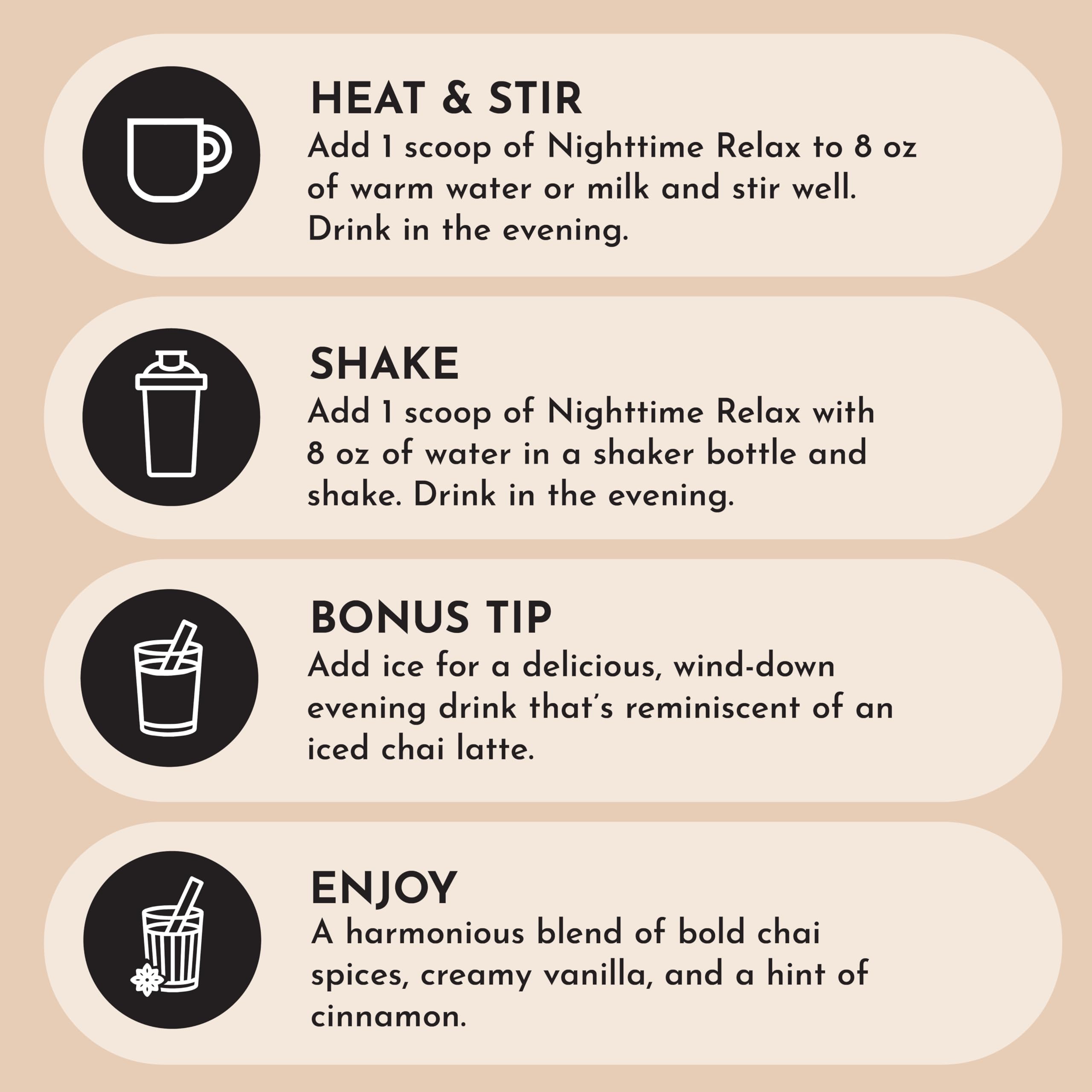 JUST INGREDIENTS Chai Nighttime Relax magnesium bisglycinate illustration emphasizes muscle calm.