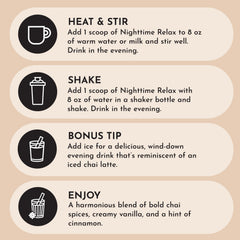 JUST INGREDIENTS Chai Nighttime Relax magnesium bisglycinate illustration emphasizes muscle calm.