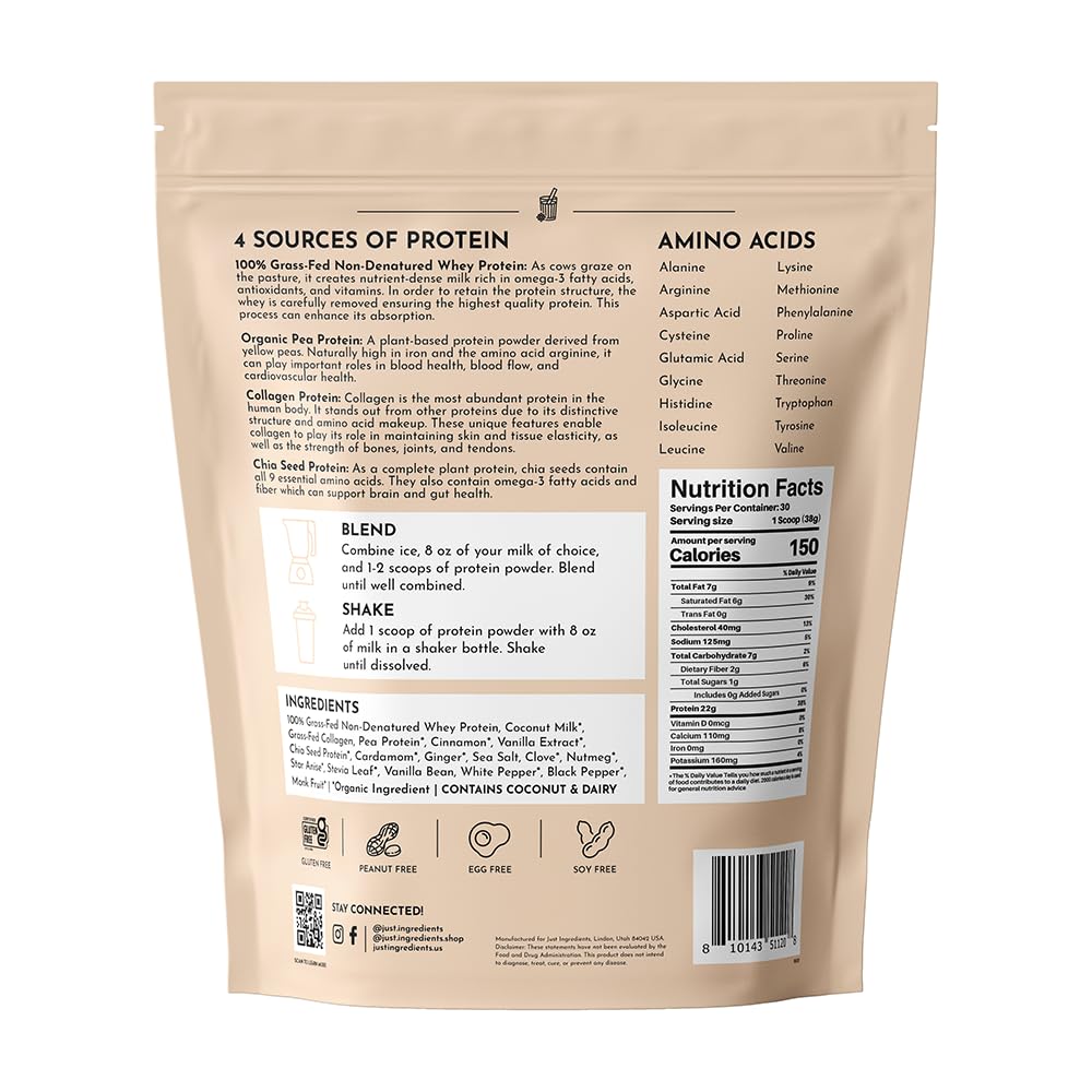 Just Ingredients Chai Protein Powder label closer shows transparent ingredients for trust