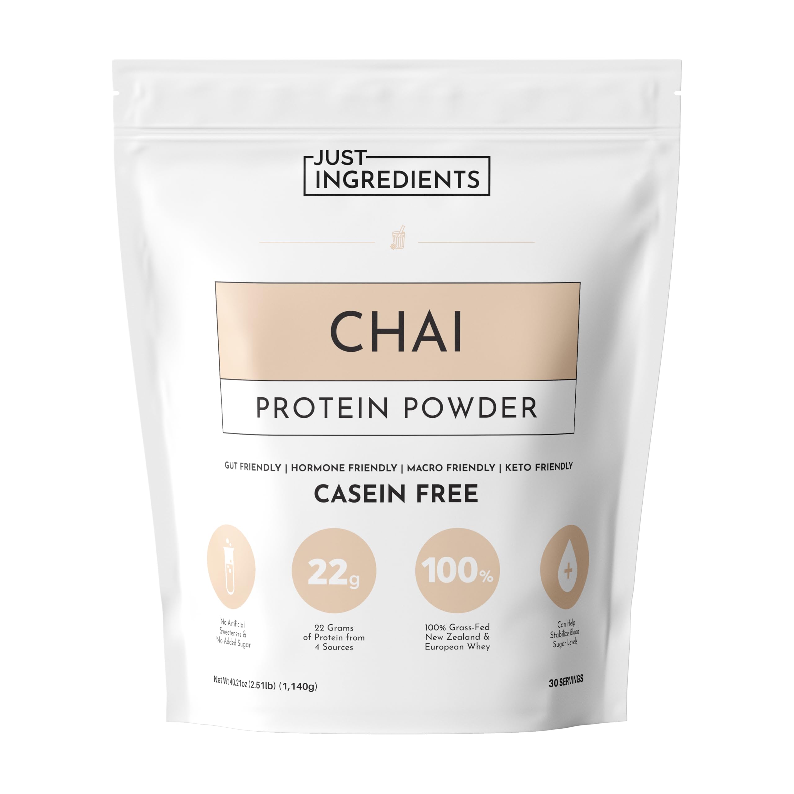 Just Ingredients Chai Protein Powder tub front highlights clean protein for workouts