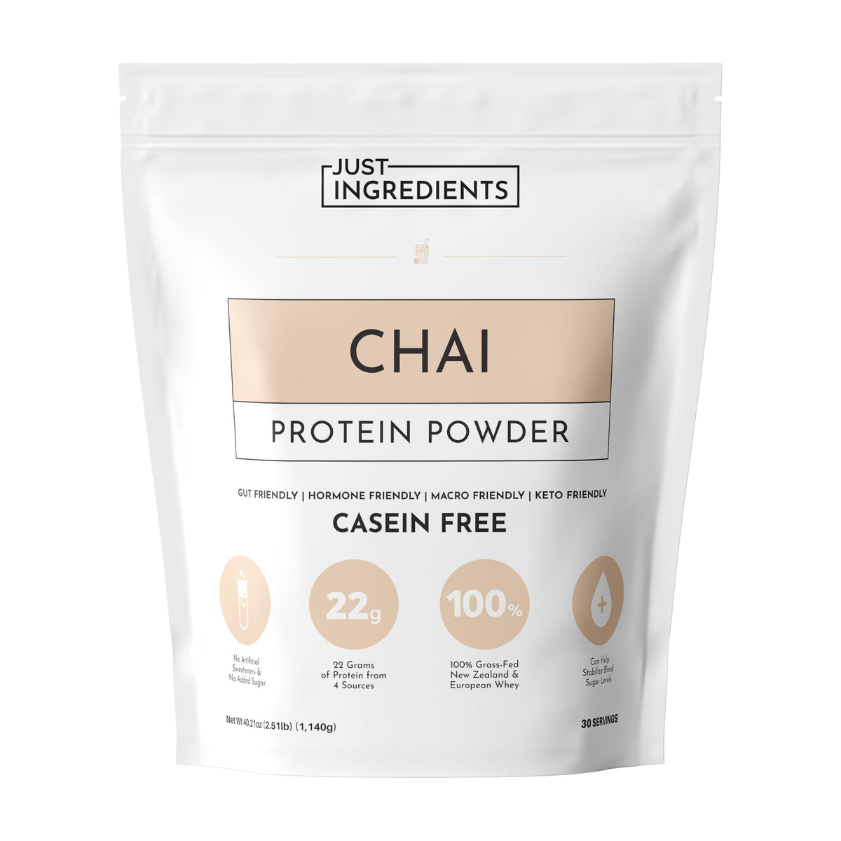 Just Ingredients Chai Protein Powder tub front highlights clean protein for workouts