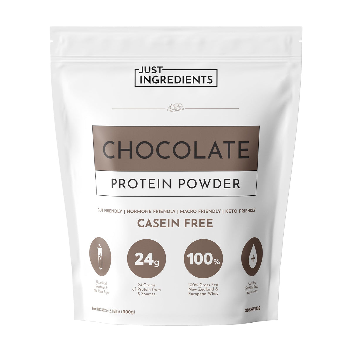JUST INGREDIENTS chocolate protein powder jar showing premium grass-fed whey and plant blend for recovery