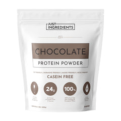 JUST INGREDIENTS chocolate protein powder jar showing premium grass-fed whey and plant blend for recovery