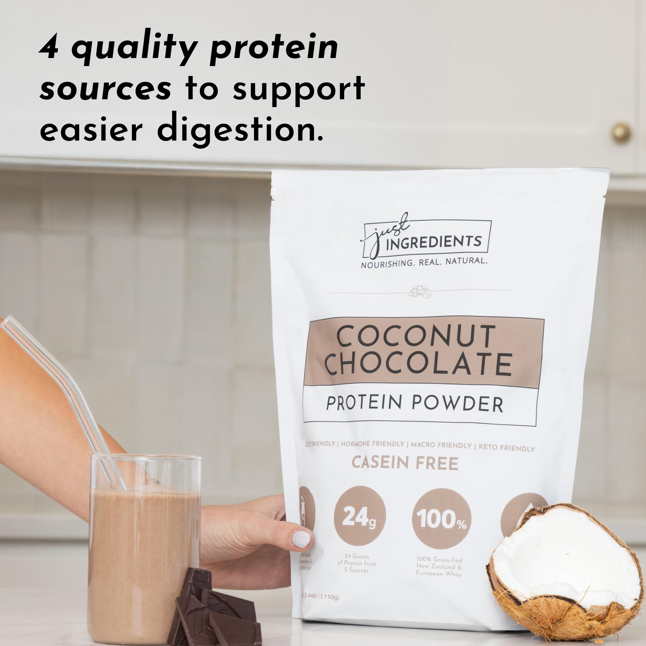 JUST INGREDIENTS Coconut Chocolate protein label close-up shows transparency.