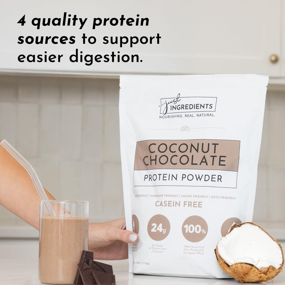 JUST INGREDIENTS Coconut Chocolate protein label close-up shows transparency.
