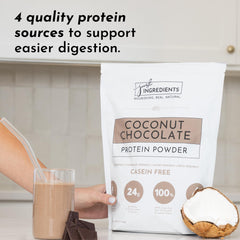 JUST INGREDIENTS Coconut Chocolate protein label close-up shows transparency.