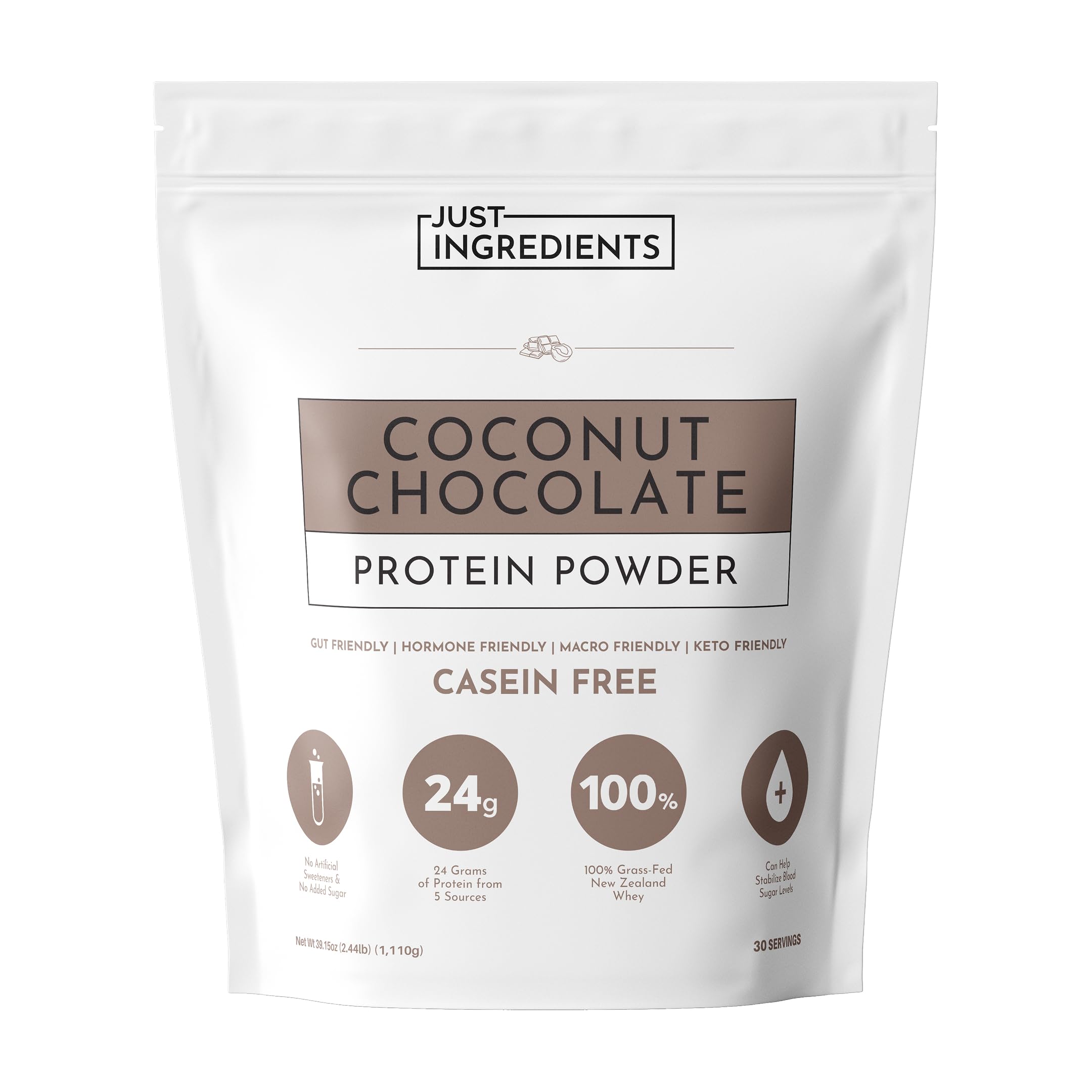 JUST INGREDIENTS Coconut Chocolate Protein Powder tub for easy post-workout energy.