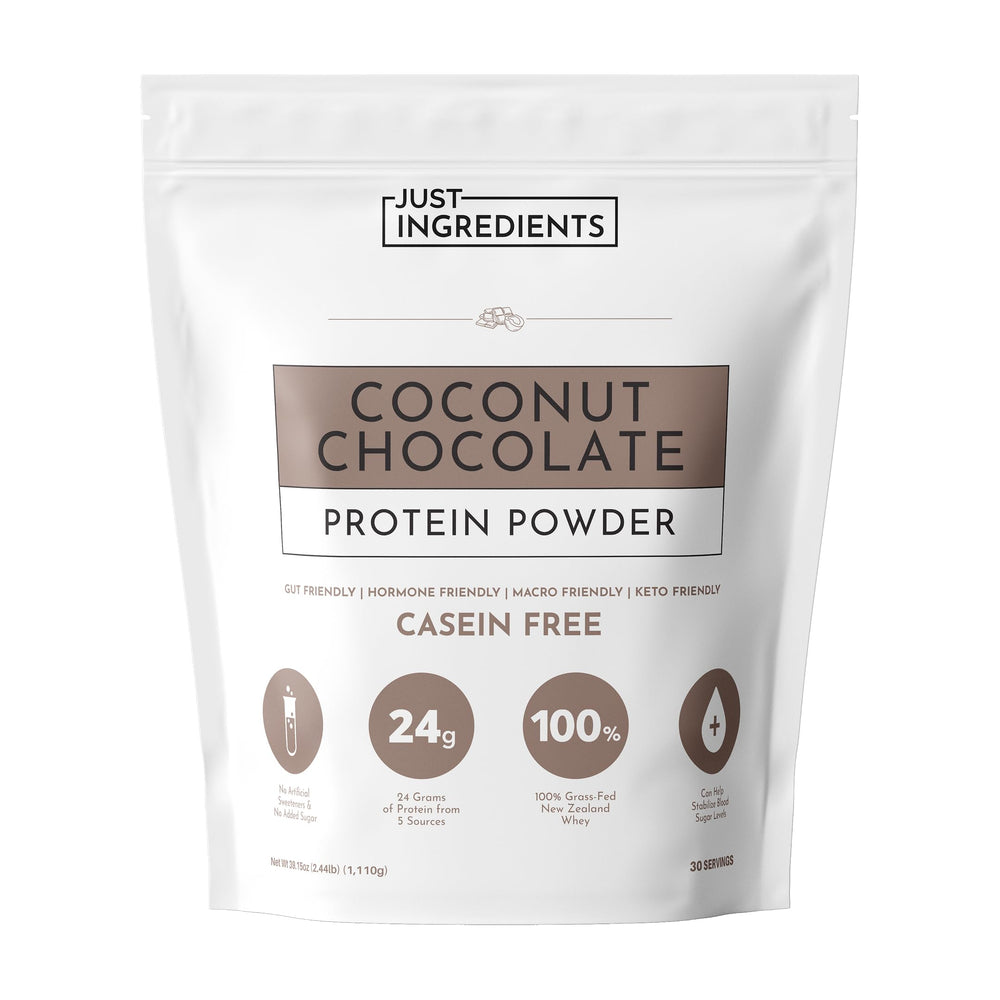 JUST INGREDIENTS Coconut Chocolate Protein Powder tub for easy post-workout energy.