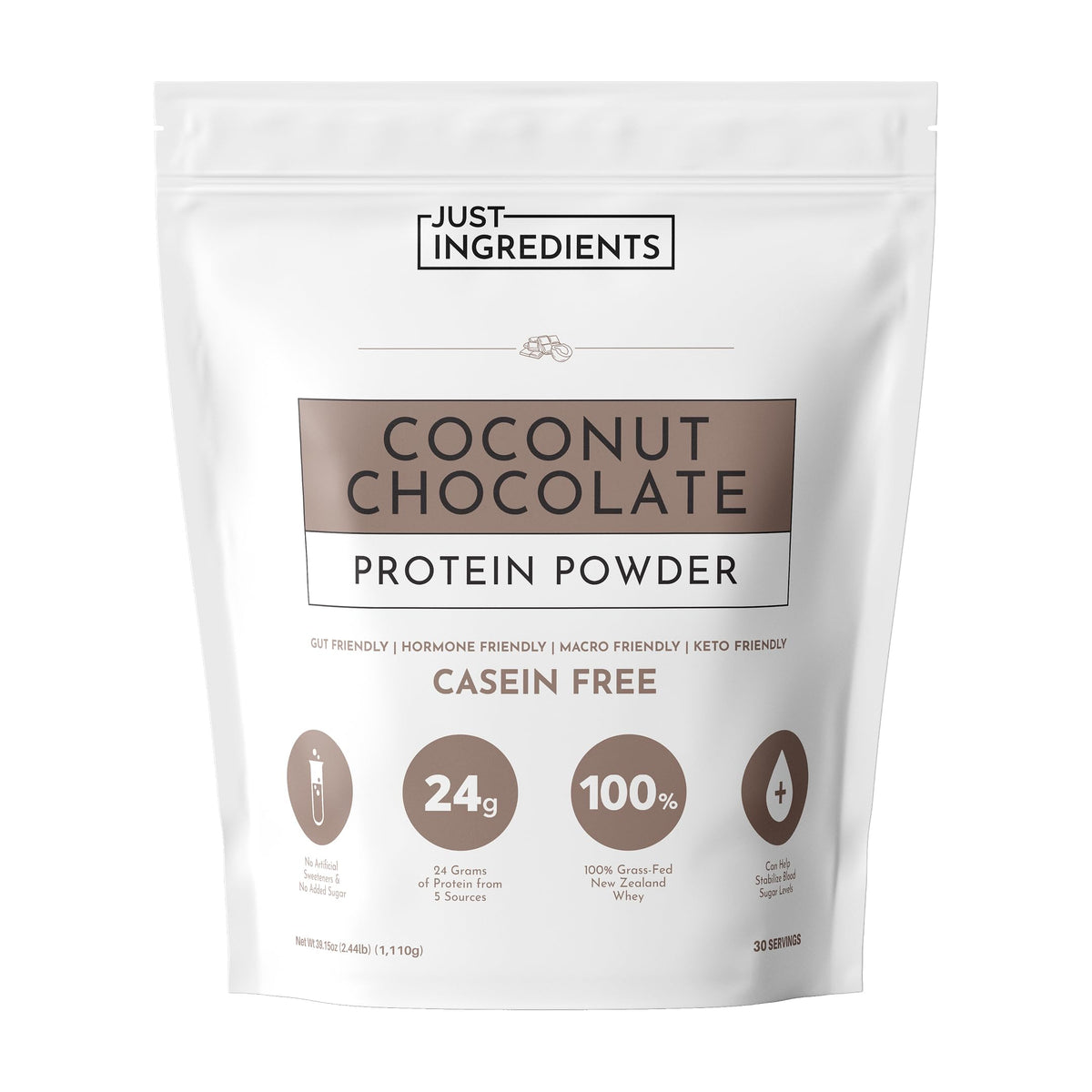 JUST INGREDIENTS Coconut Chocolate Protein Powder tub for easy post-workout energy.