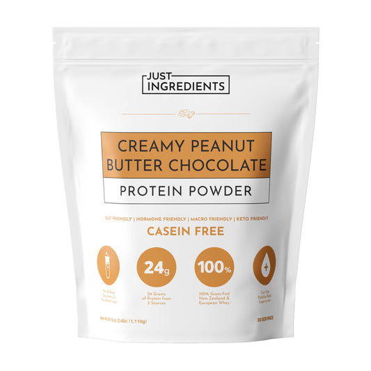 JUST INGREDIENTS creamy peanut butter chocolate protein powder bag for dessert-like protein