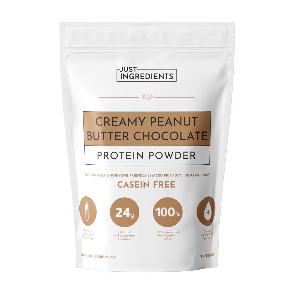 Just Ingredients creamy peanut butter chocolate protein powder tub for smooth shakes and daily protein