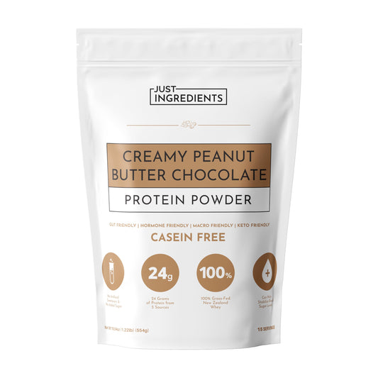 Just Ingredients creamy peanut butter chocolate protein powder tub for smooth shakes and daily protein
