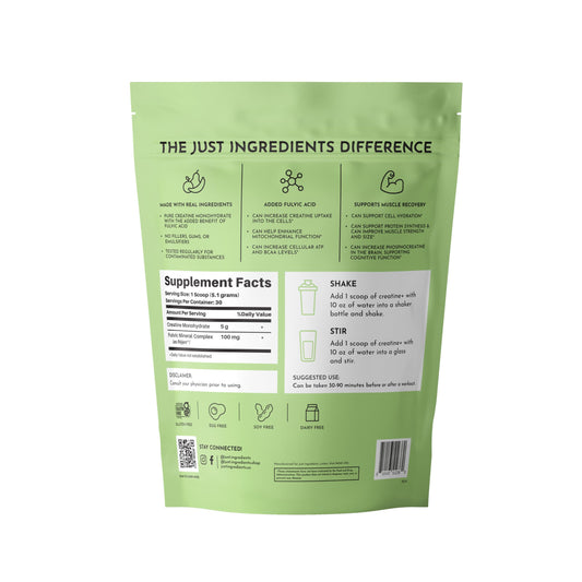 Just Ingredients creatine monohydrate powder mixing in glass shows easy solubility for workouts.