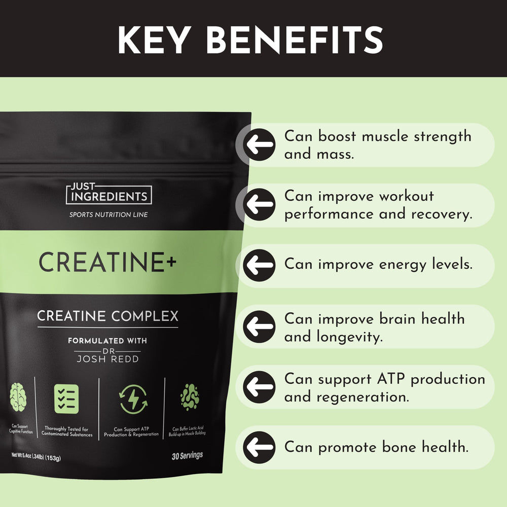 Just Ingredients creatine monohydrate powder serving scoop suggests convenient daily dose.