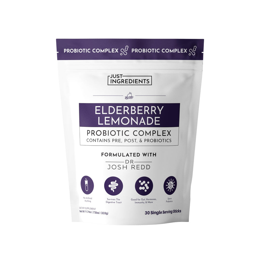 JUST INGREDIENTS Elderberry Lemonade stick pack beside a glass for daily gut support.