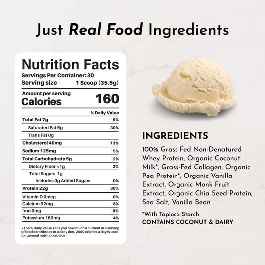 Just Ingredients French Vanilla Protein Powder scoop for quick post-workout shake.