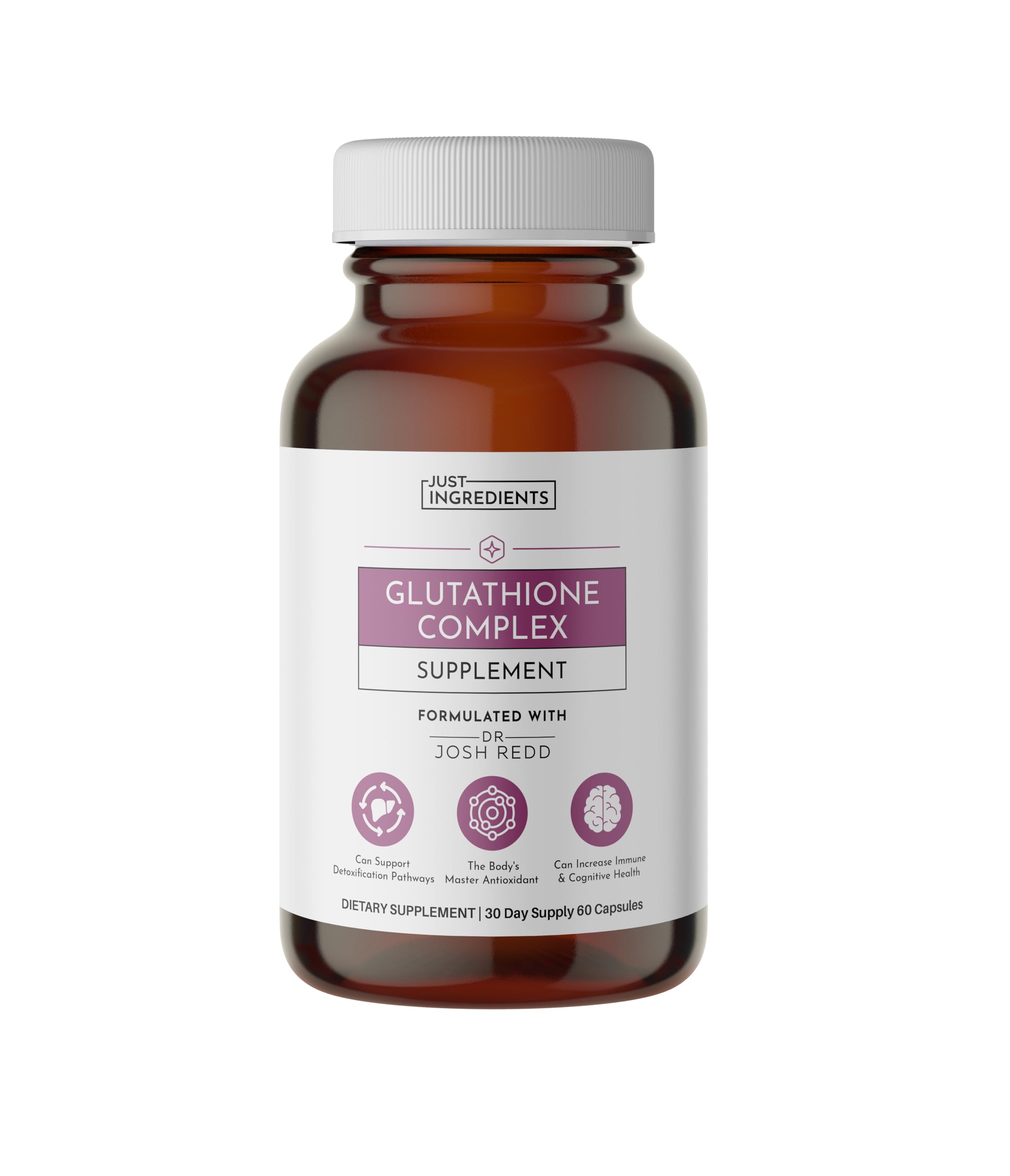 JUST INGREDIENTS Glutathione Complex bottle front signaling premium antioxidant support