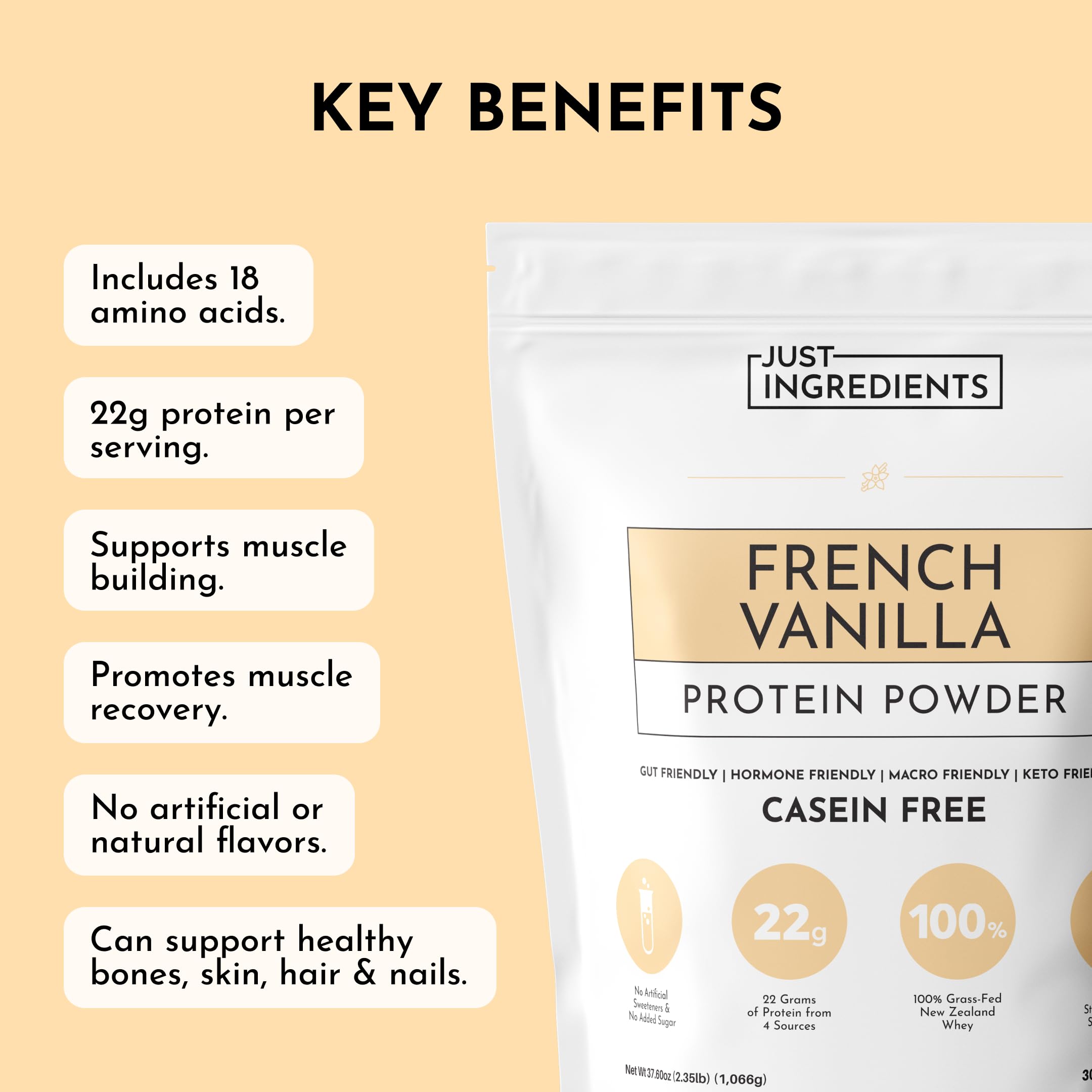 Just Ingredients gluten-free and non-GMO badges on packaging.