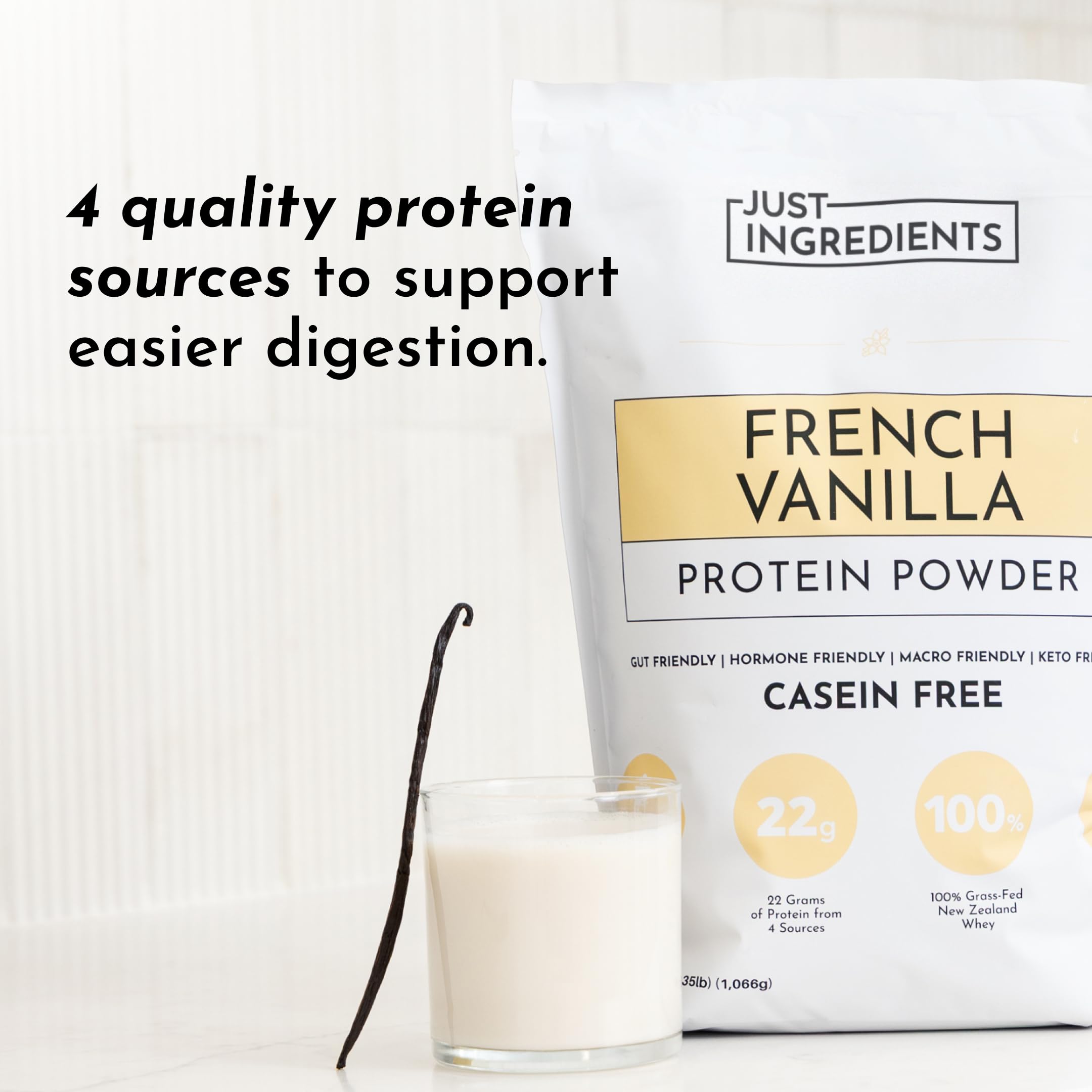 Just Ingredients grass-fed whey source visual signaling quality protein origin.