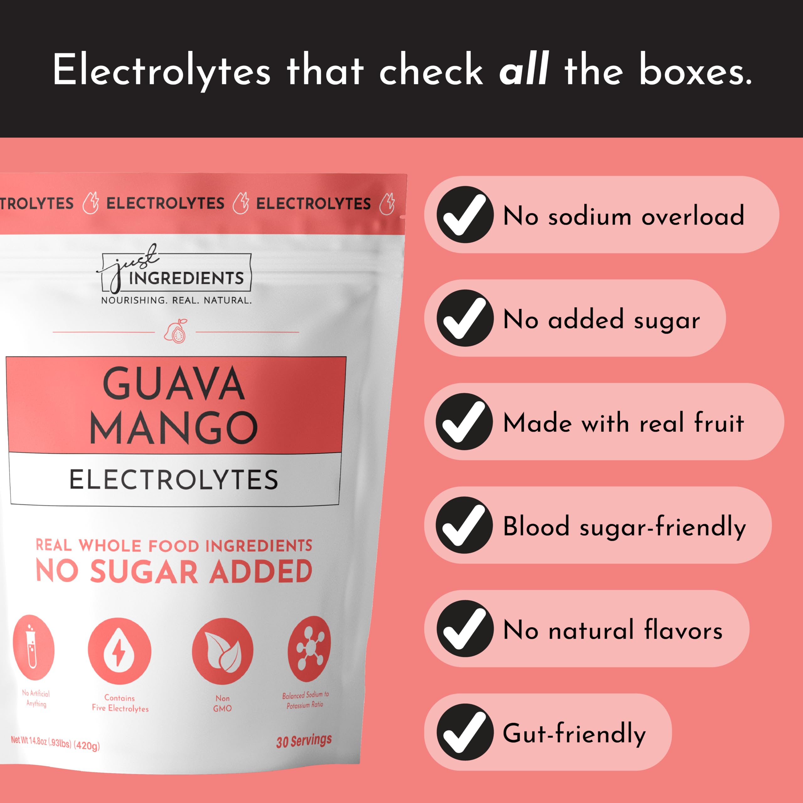 JUST INGREDIENTS Guava Mango drink mix in glass with vibrant color