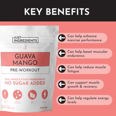 Just Ingredients Guava Mango pre-workout bottle on shelf emphasizes clean ingredients