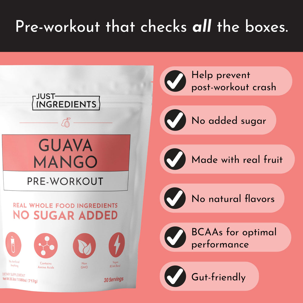 Just Ingredients Guava Mango pre-workout label highlights BCAA and caffeine content