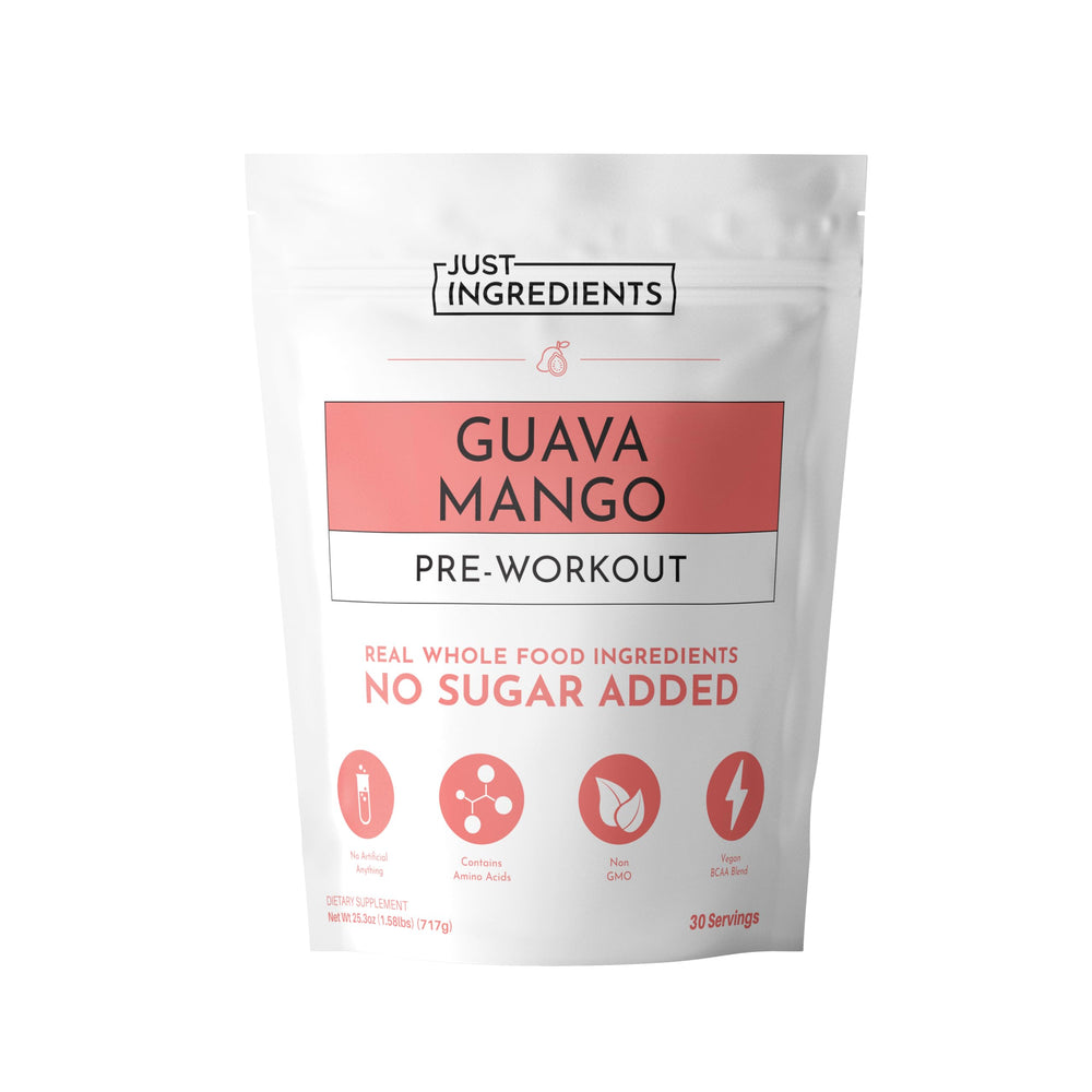 Just Ingredients Guava Mango pre-workout tub for sustained workout energy