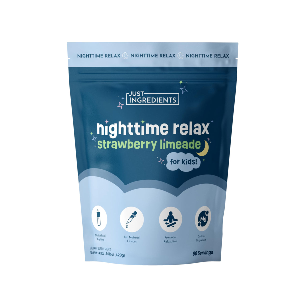 JUST INGREDIENTS Nighttime Relax bottle suggests a calm, kid-friendly bedtime routine.