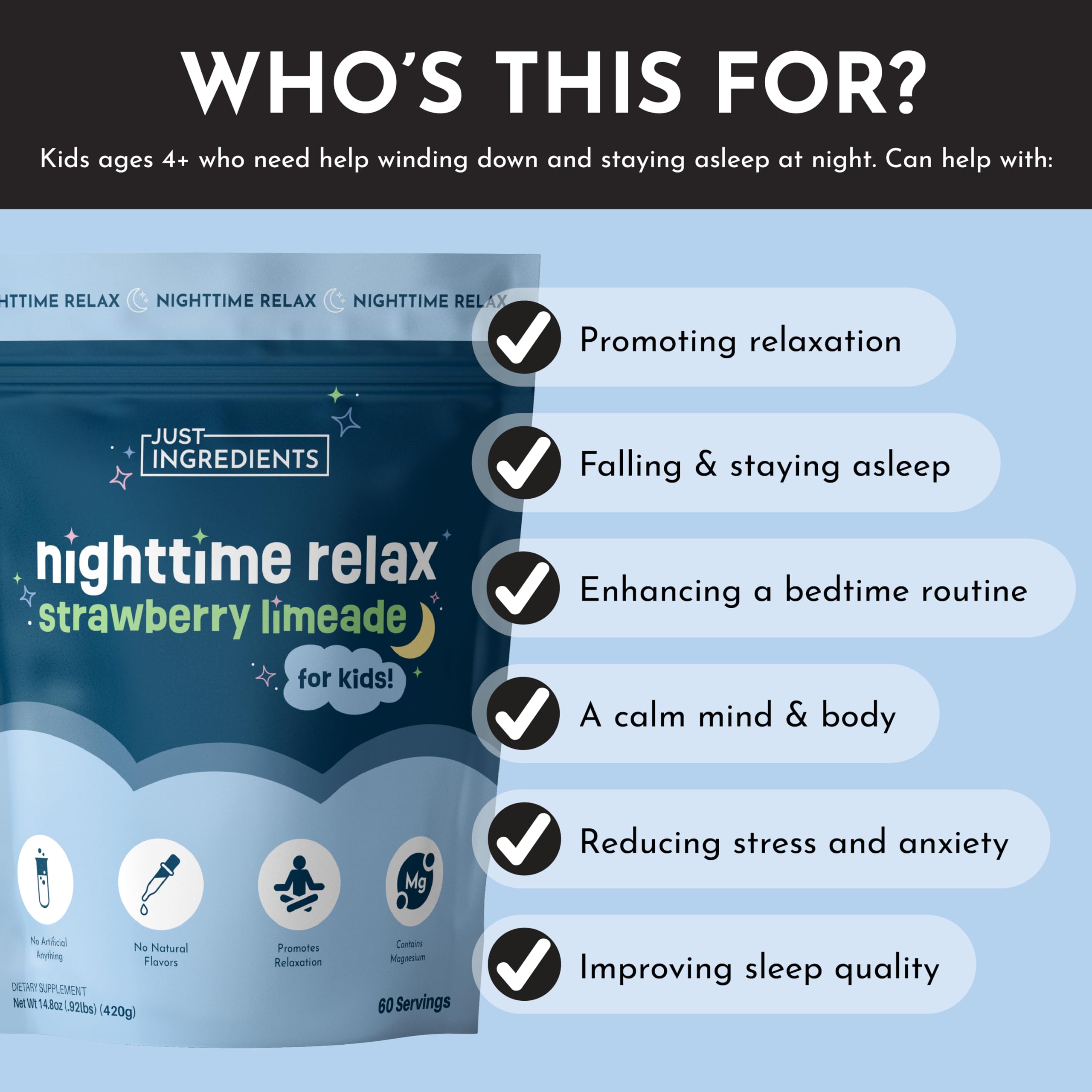 JUST INGREDIENTS Nighttime Relax glass highlights a kid-friendly bedtime ritual with flavor.