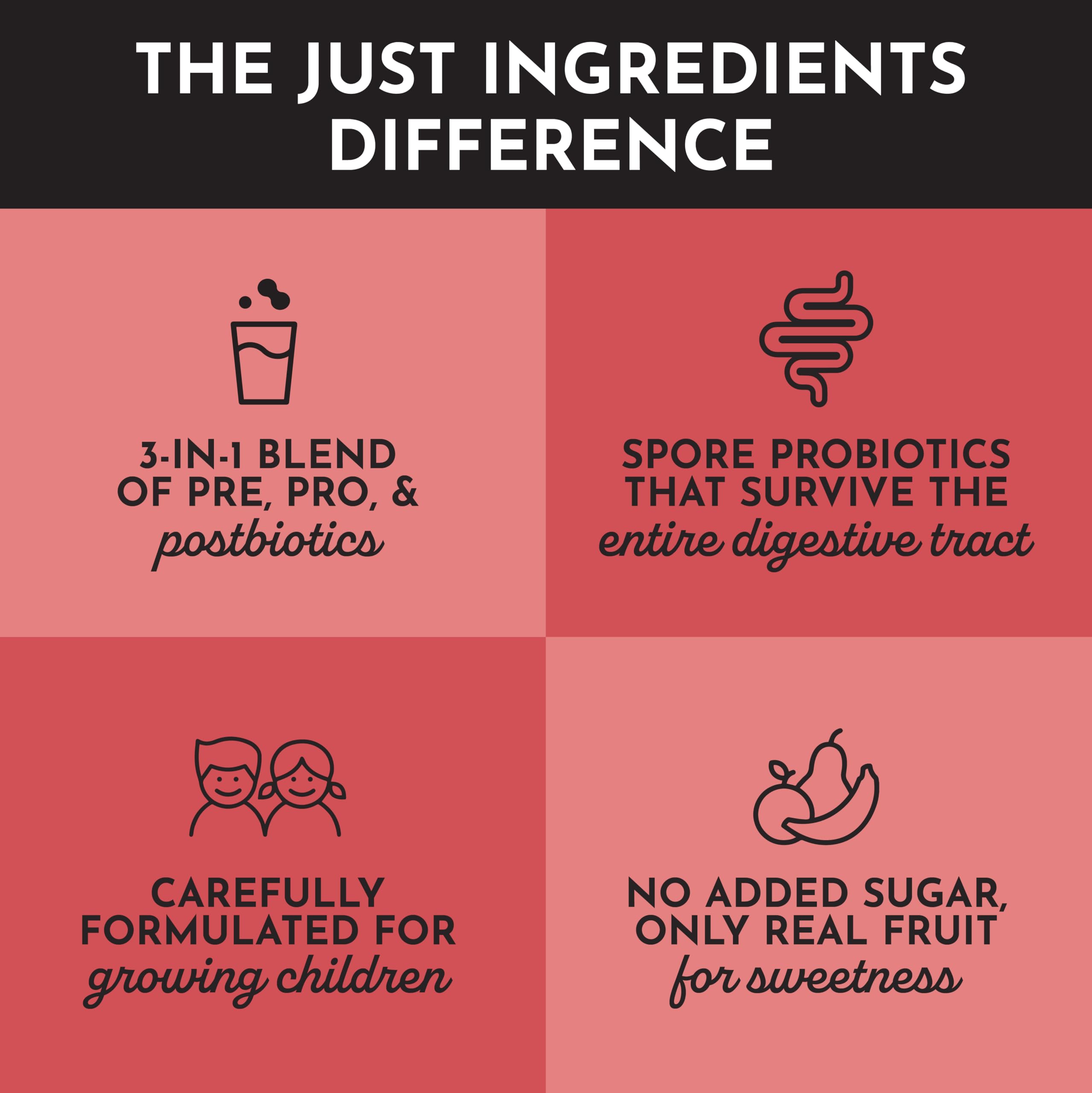 JUST INGREDIENTS Kids Probiotic Drink Mix single-stick packet ready for travel and easy dosage.