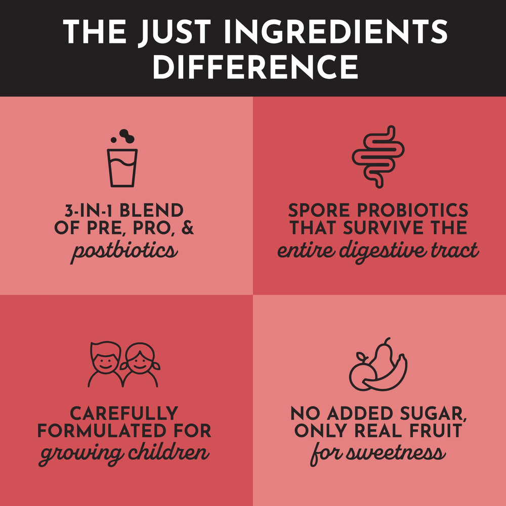 JUST INGREDIENTS Kids Probiotic Drink Mix single-stick packet ready for travel and easy dosage.