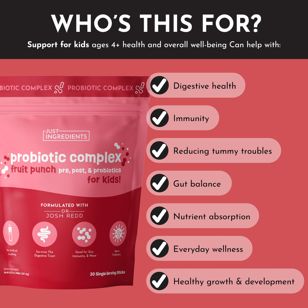 JUST INGREDIENTS Kids Probiotic Drink Mix packaging highlights the 3-in-1 blend.