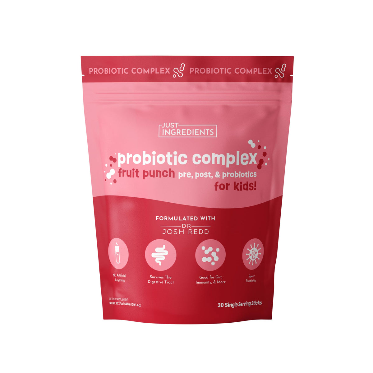 JUST INGREDIENTS Kids Probiotic Drink Mix fruit punch stick for easy daily gut balance.