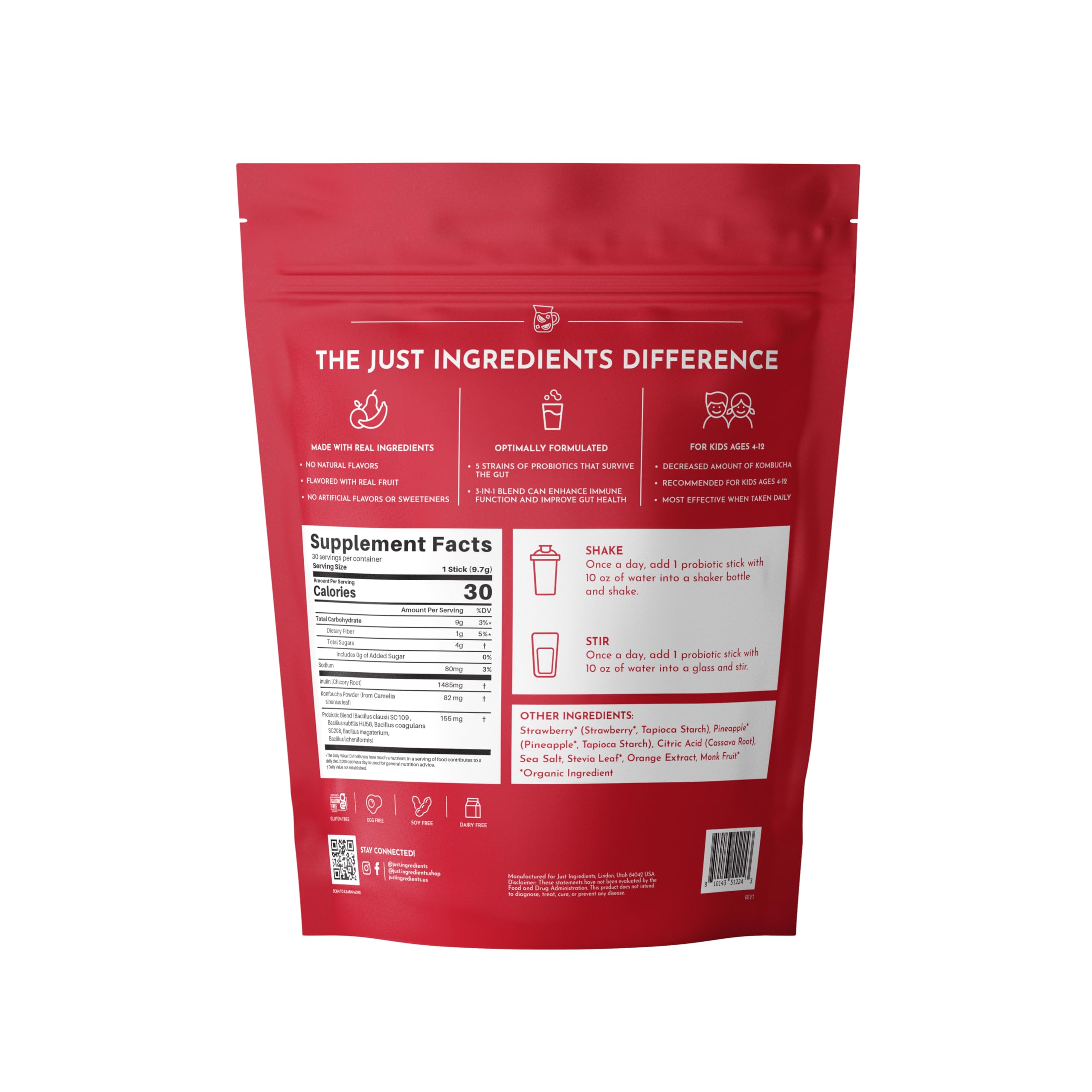 JUST INGREDIENTS Kids Probiotic Drink Mix stirred into water in a glass for on-the-go digestion support.