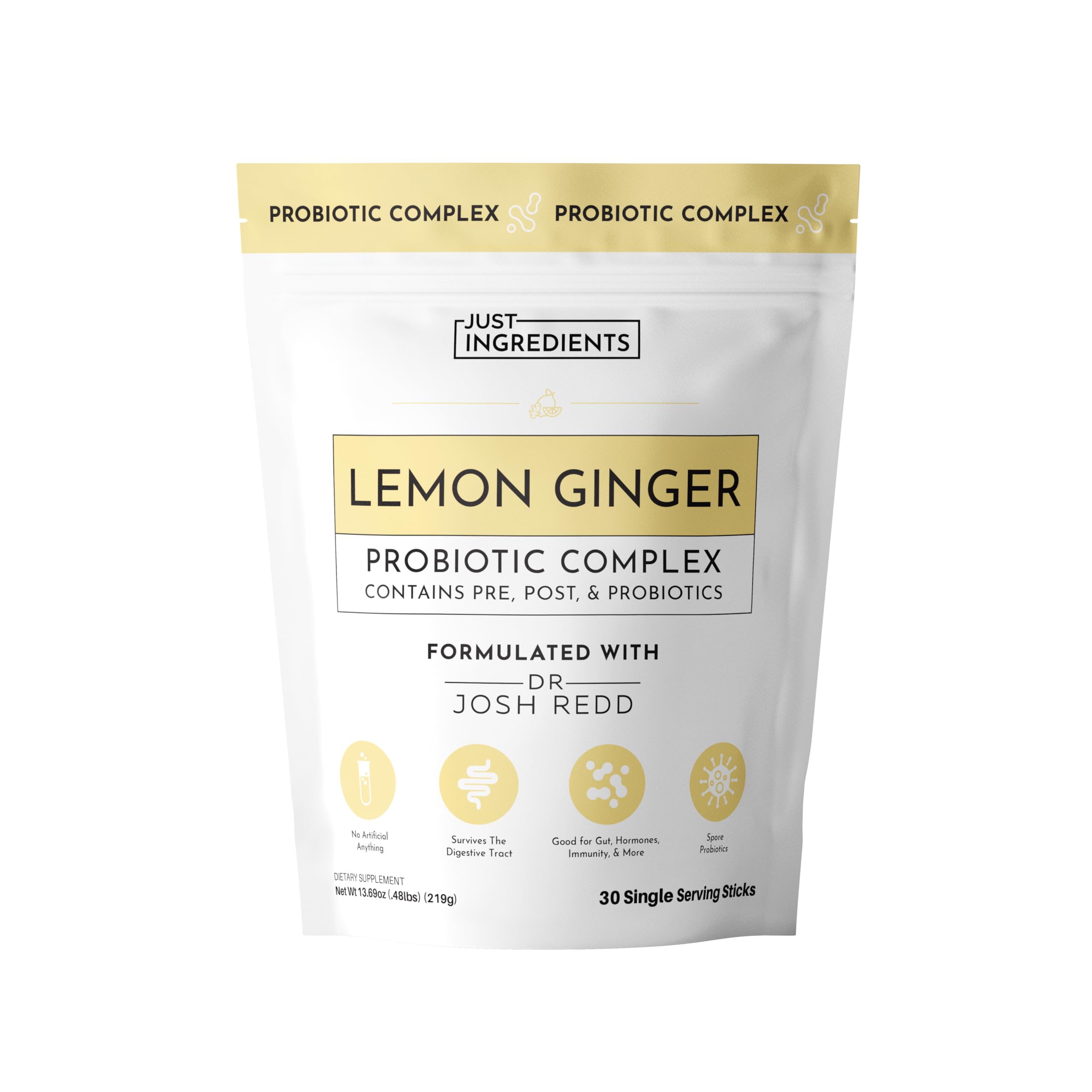 JUST INGREDIENTS Lemon Ginger Probiotic Complex stick for on-the-go gut support.