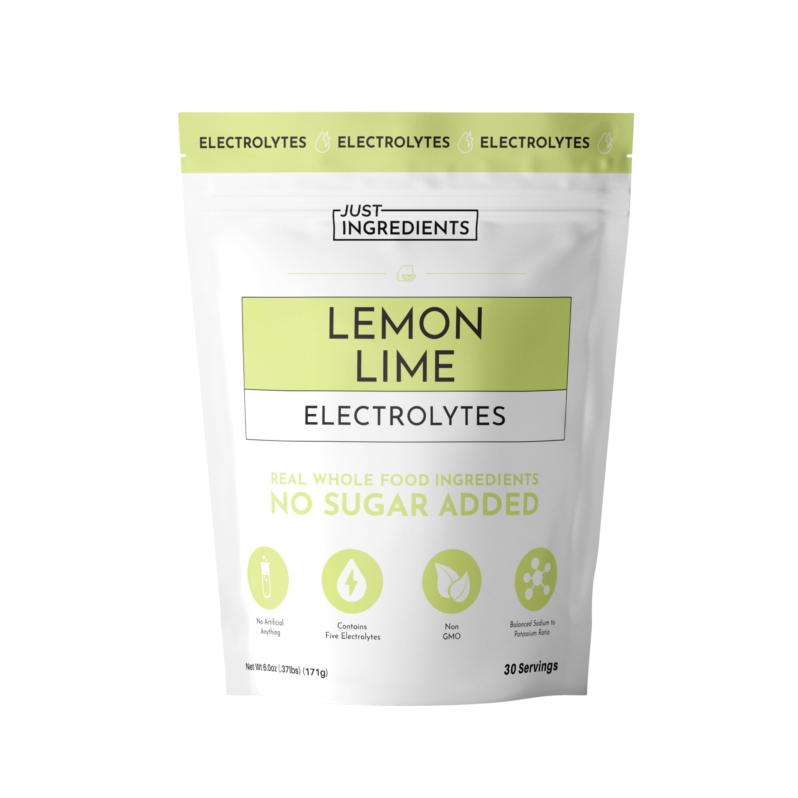 Just Ingredients Lemon Lime Electrolytes bottle pour for quick hydration.