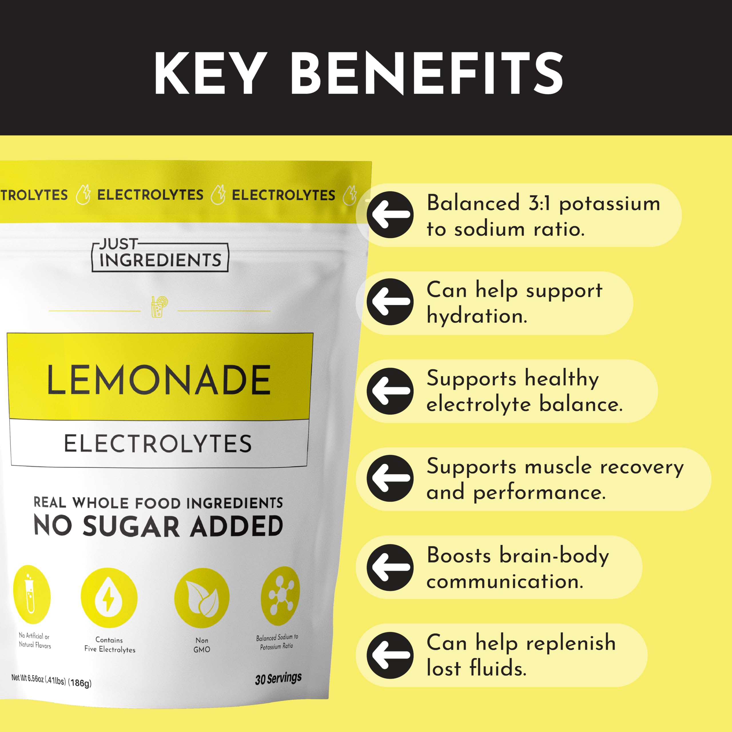 JUST INGREDIENTS Lemonade Electrolytes packaging highlights clean ingredients.