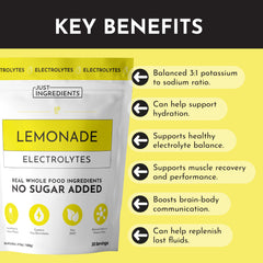 JUST INGREDIENTS Lemonade Electrolytes packaging highlights clean ingredients.