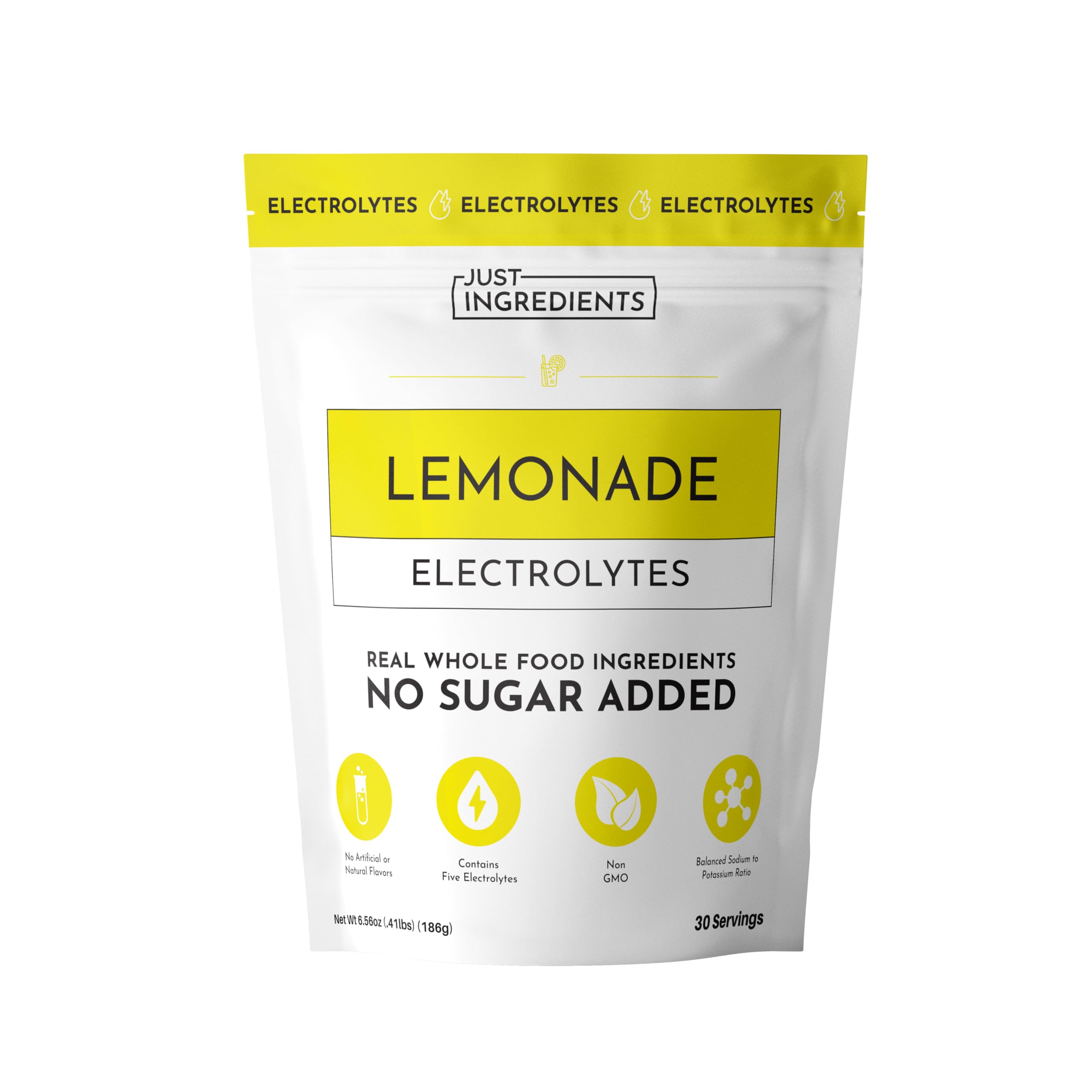 JUST INGREDIENTS Lemonade Electrolytes powder ready to mix for quick hydration.