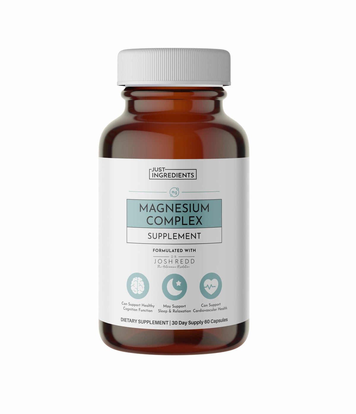Just Ingredients Magnesium Complex bottle with capsules for relaxation and sleep.