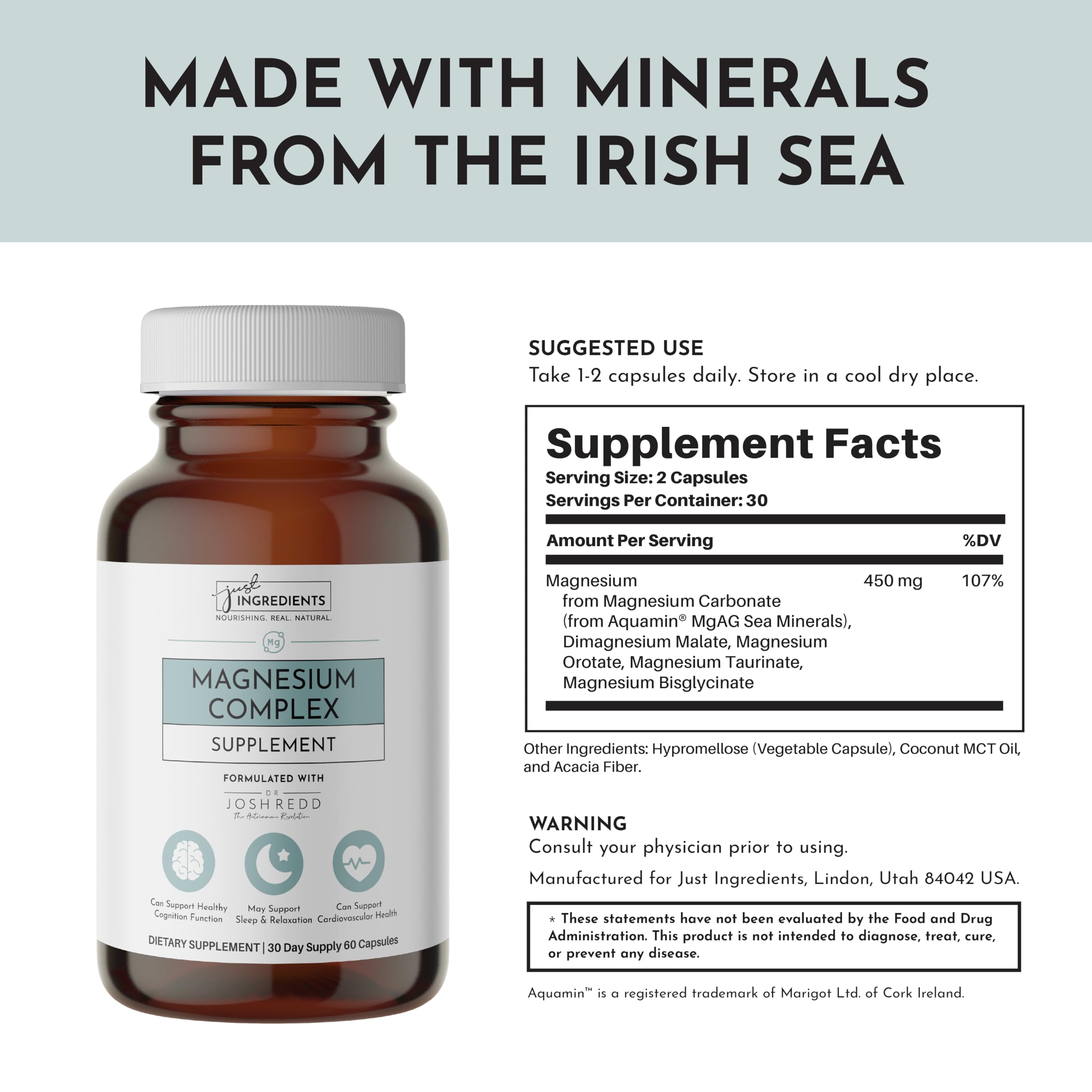 Just Ingredients Magnesium Complex mood and sleep support concept image.