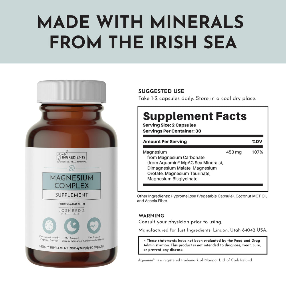Just Ingredients Magnesium Complex mood and sleep support concept image.