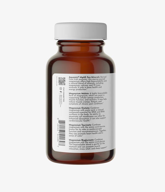 Just Ingredients Magnesium Complex front-label highlighting five bioavailable forms.